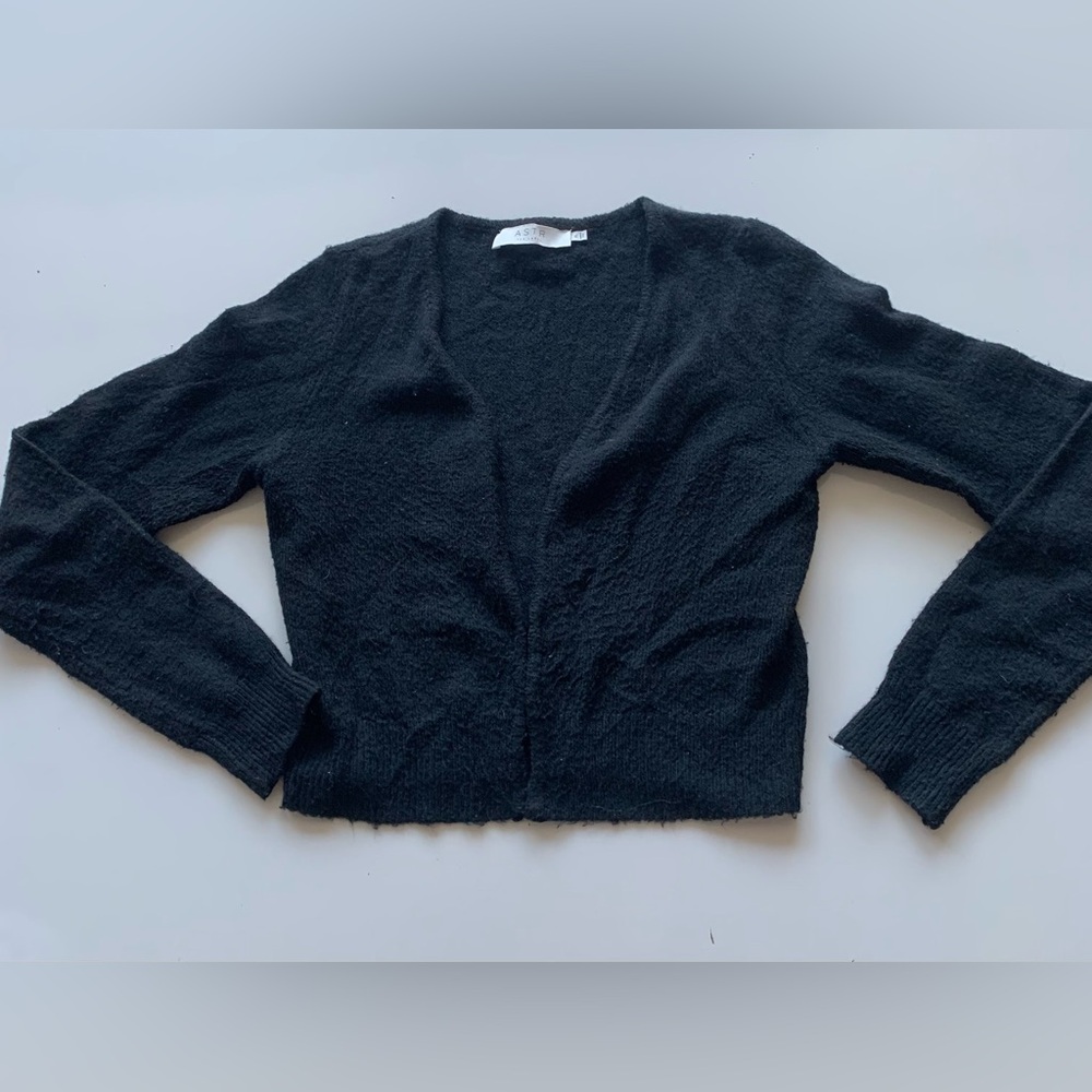 ASTR Women's Size‎ XL Black Wrap Front Pointelle Cardigan Sweater